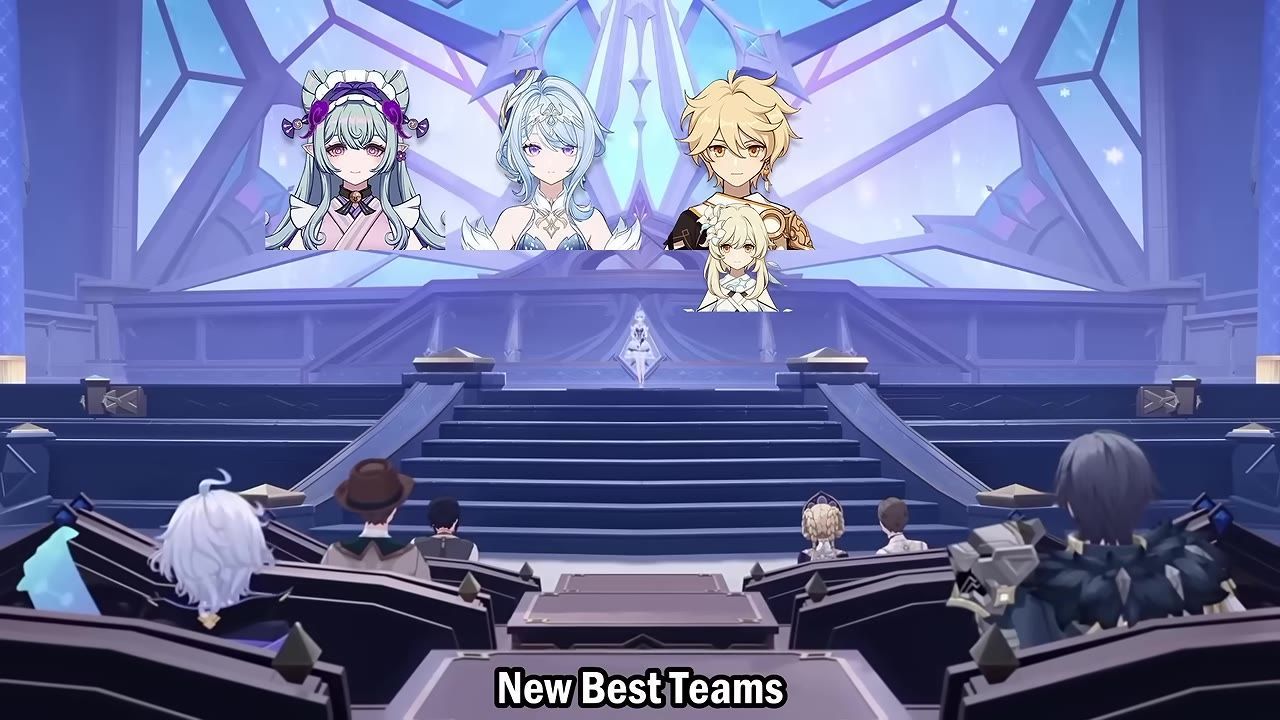 A scene showing characters on a screen, with Cryo and Anemo supports visible, and an audience watching.