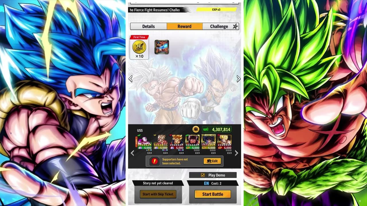 A mobile game event screen shows the Reward tab with first-time rewards, a team lineup, and Start Battle buttons.