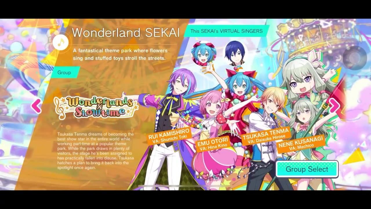 A colorful summary card for Wonderland SEKAI featuring characters and thematic text.
