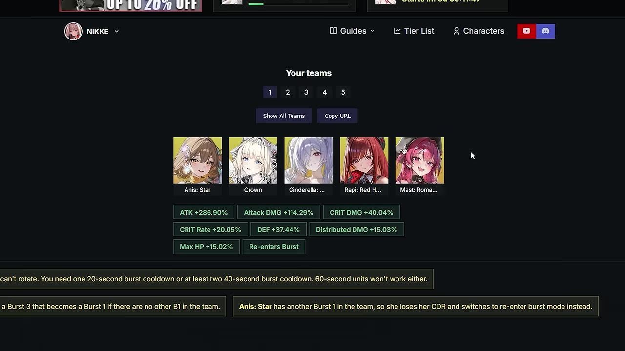 A game interface showing selected characters for a team, with their stats and descriptions.