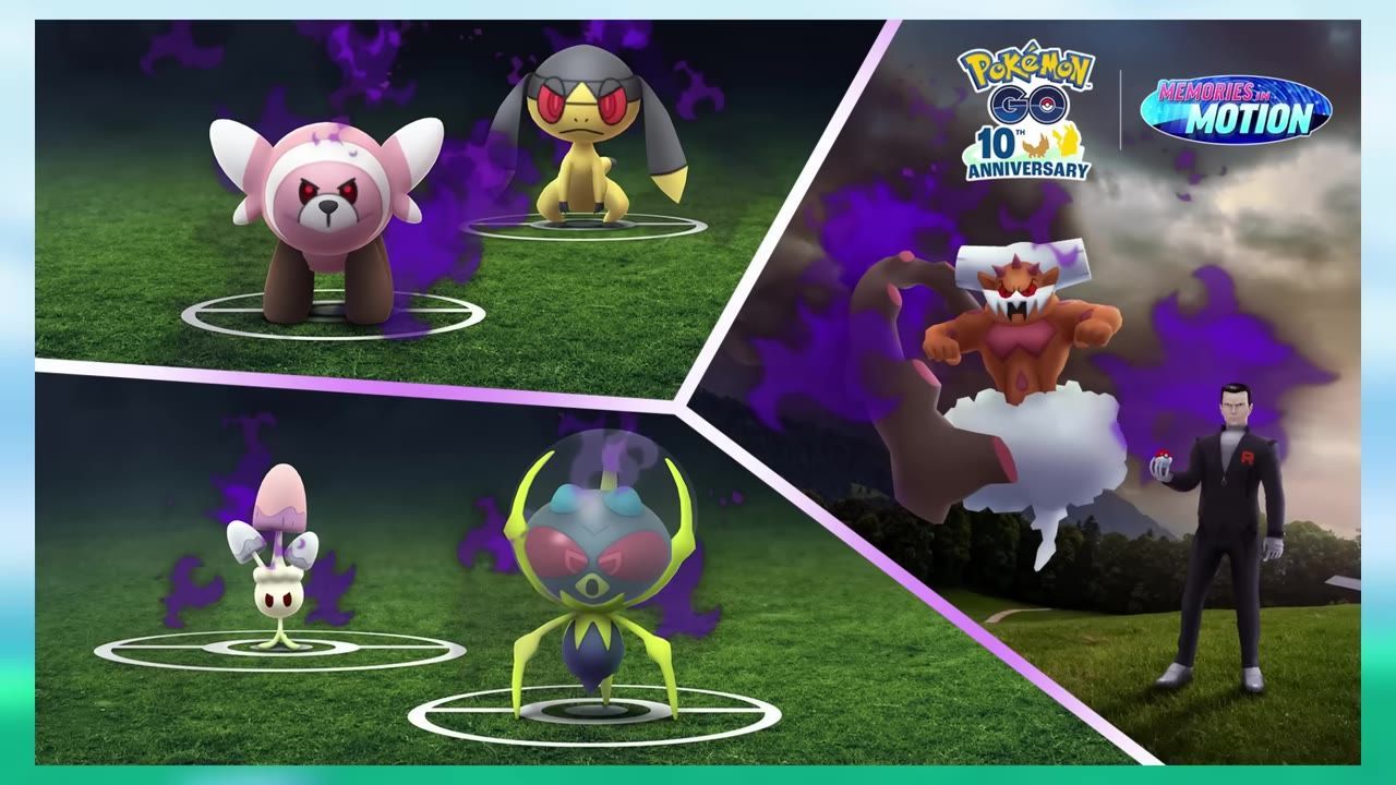 A Pokémon GO promotional graphic shows several shadow Pokémon on grassy battle circles, with Giovanni standing on the right holding a Poké Ball.