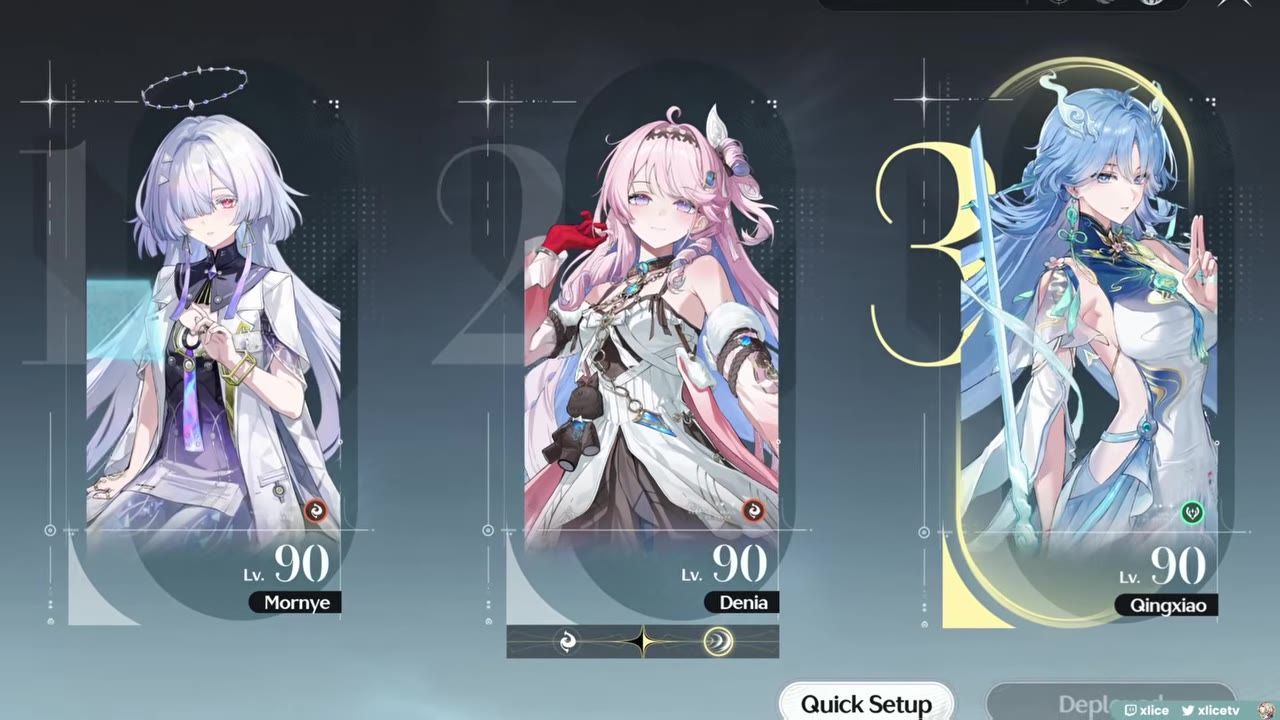 Three character cards are displayed in a game interface, showing Morne, Denya, and Qingxiao in order.