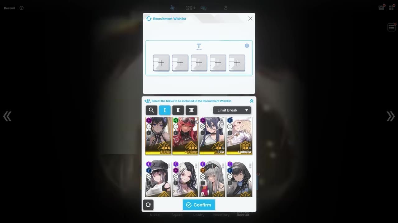A Recruit Wishlist window is open with the Tetra category selected and a grid of character cards below it.