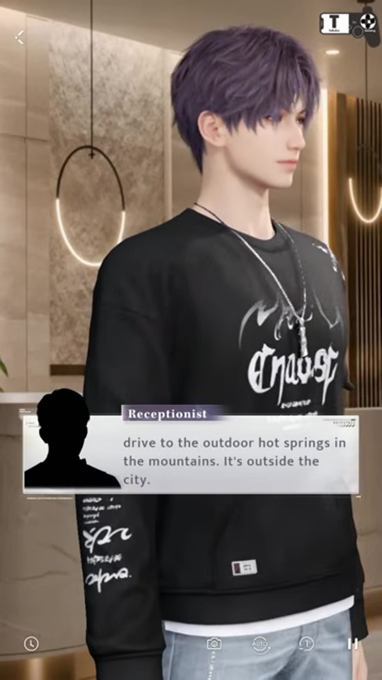 A game character stands in an indoor lobby while a dialogue box labeled Receptionist says to drive to the outdoor hot springs in the mountains outside the city.