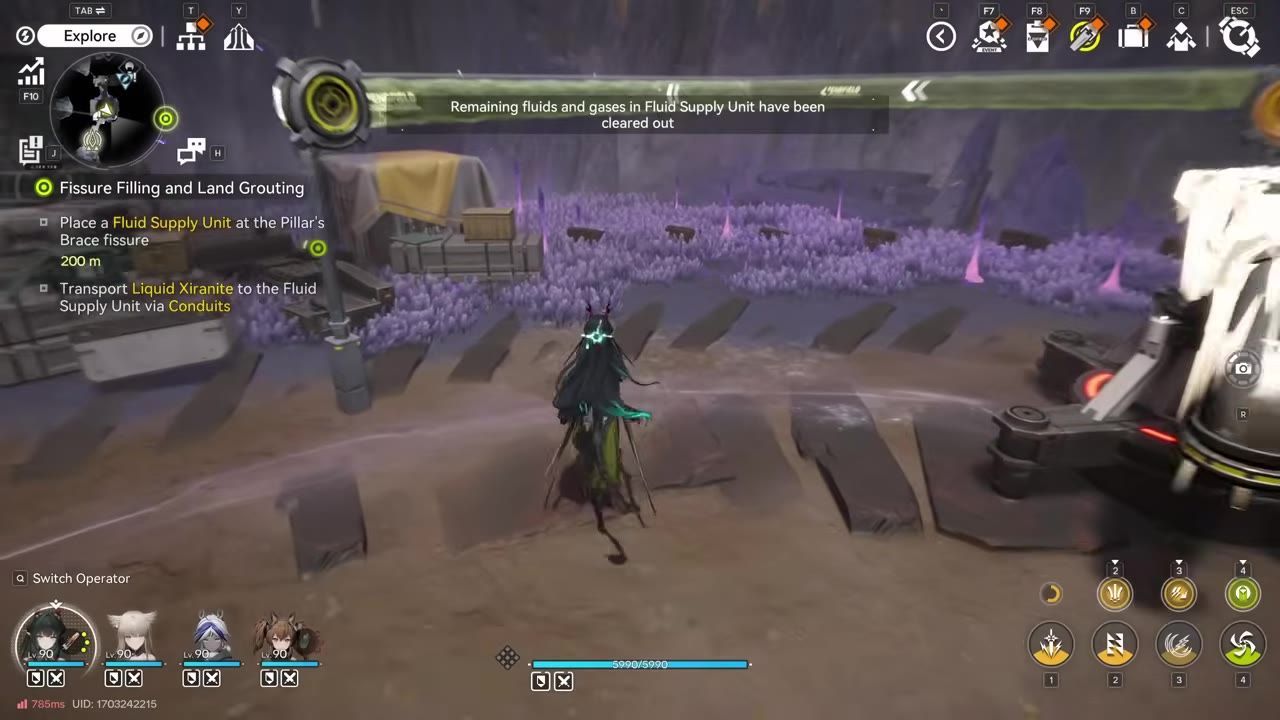 In-game scene showing the fluid supply unit area with notification indicating fluid and gases clear out.