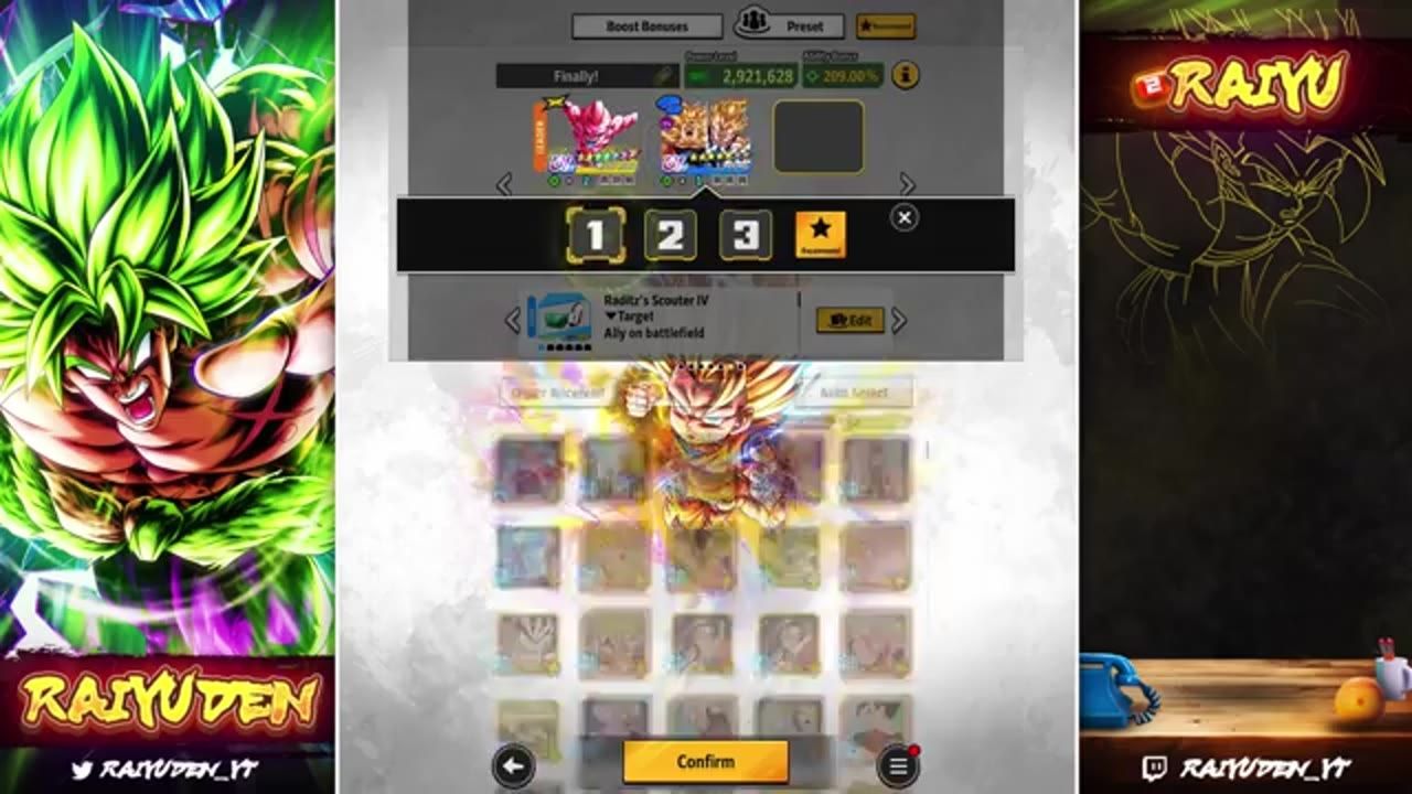An equipment menu is open with a grid of equip icons and a highlighted star equip option near the center, with a Confirm button at the bottom.