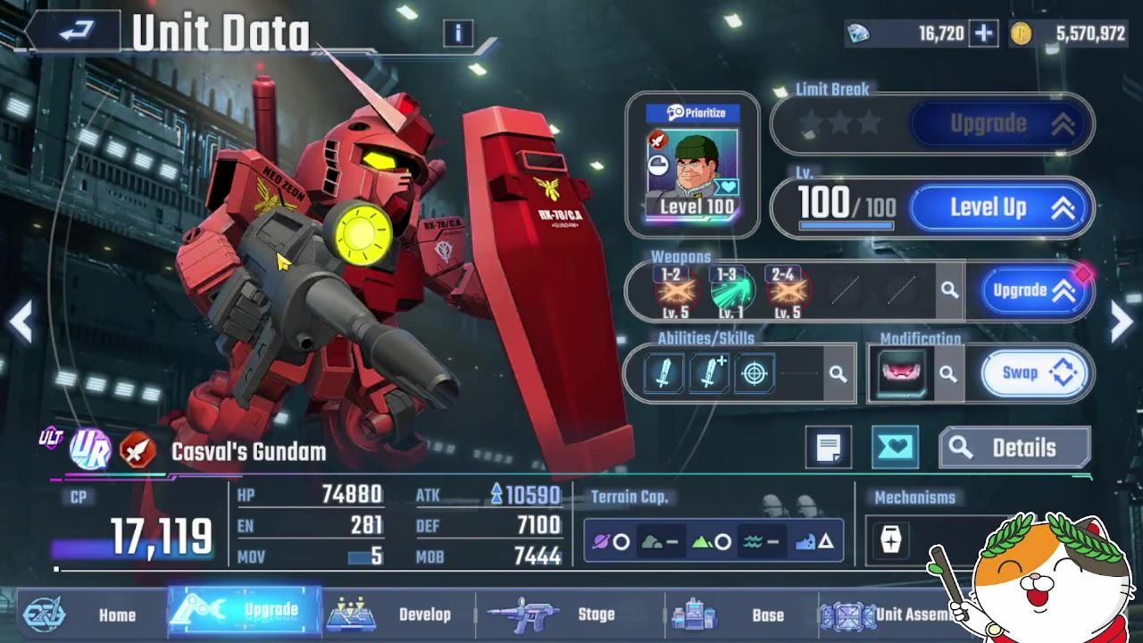 The unit data screen shows Casval's Gundam in red armor with its stats, tags, weapons, abilities, and upgrade options displayed.