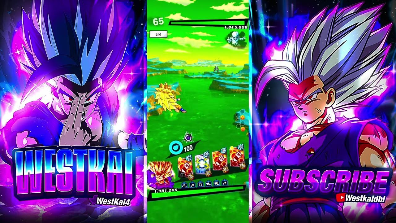 A mobile fighting game battle is shown in the center panel with a character moving across a green field and attack cards at the bottom.