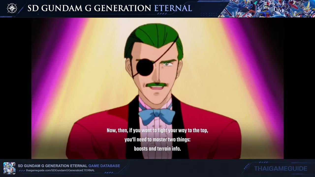 An anime man with a black eyepatch speaks on screen while subtitles mention boosts and terrain info.