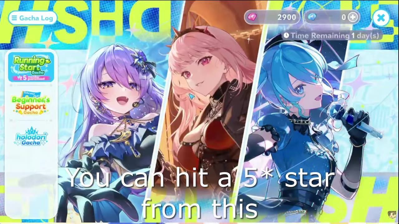 Game gacha menu with a vertical banner list on the left showing Running Start Gacha, Beginner's Support Gacha, and Holodori Gacha, with large character banners on the right.