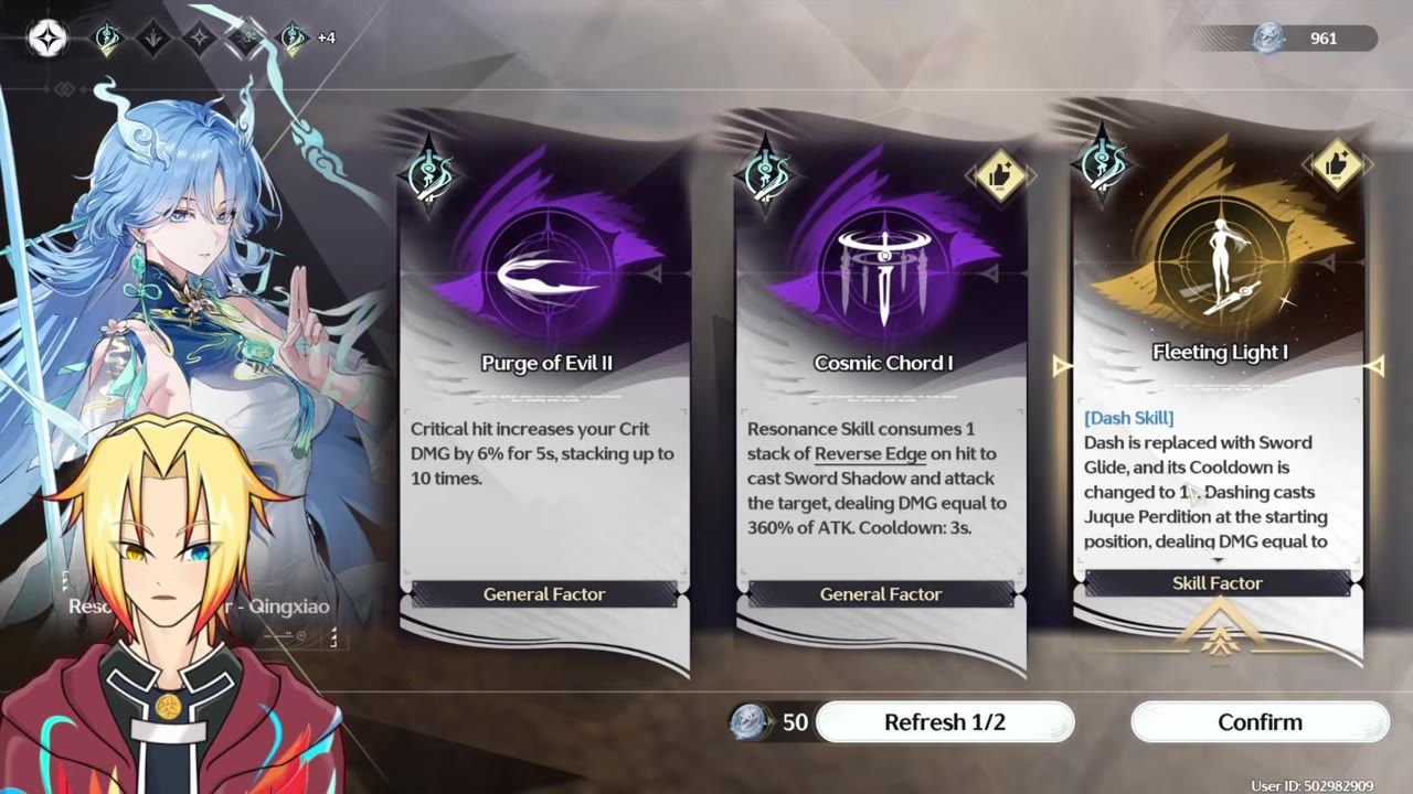 A game skill selection screen shows three factor cards, including 'Fleeting Light I' with dash replacement text visible, alongside character art and confirm controls.