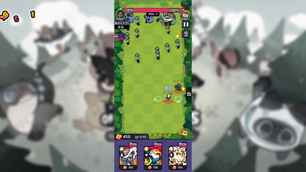 A vertical battlefield grid shows multiple small units near the top and two units near the lower right, with card options along the bottom.