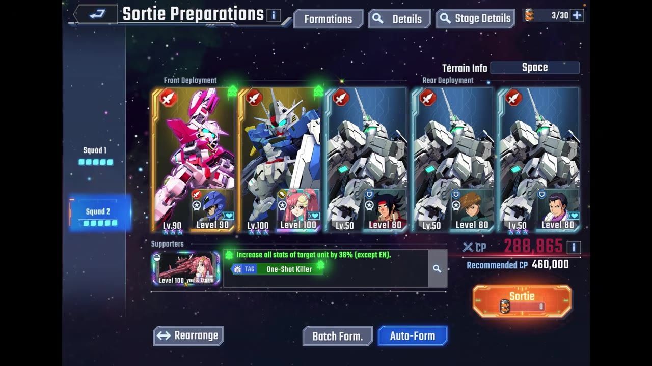 A game sortie preparation screen shows a squad lineup with several mobile suit unit cards, including highlighted front deployment units and support options.