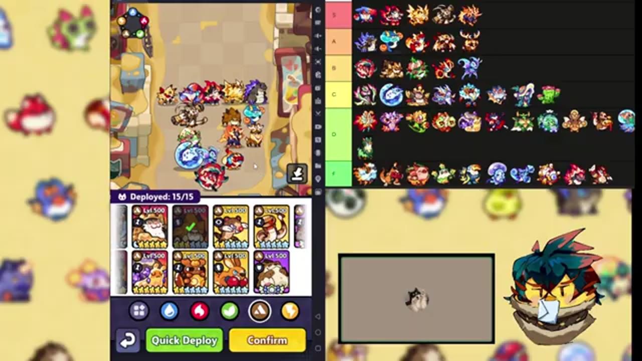 A game battle screen shows a central lane with several deployed units clustered near the middle and a unit selection panel below.