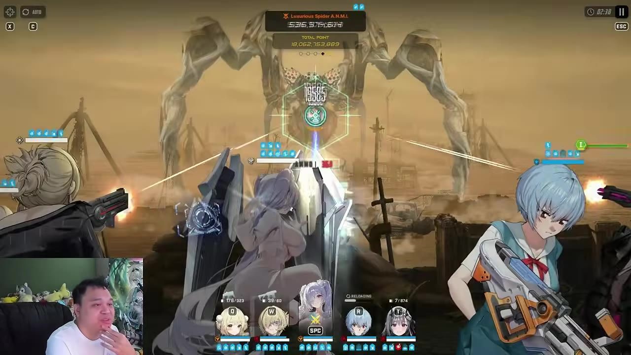 Gameplay showing characters fighting a large enemy, effects and shield indicators visible on screen.