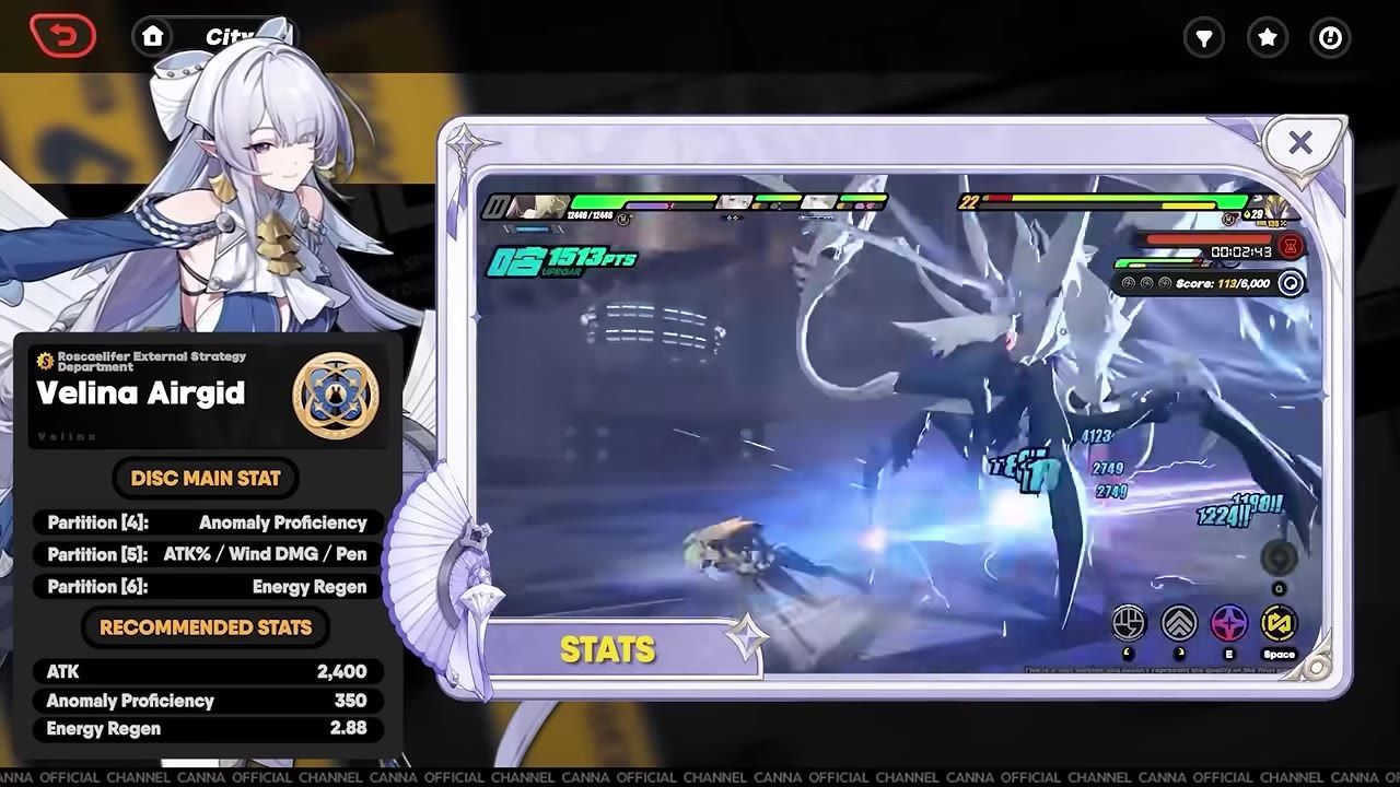 Character stat screen showing Velina Airgid's stat priorities including Anomaly Proficiency.