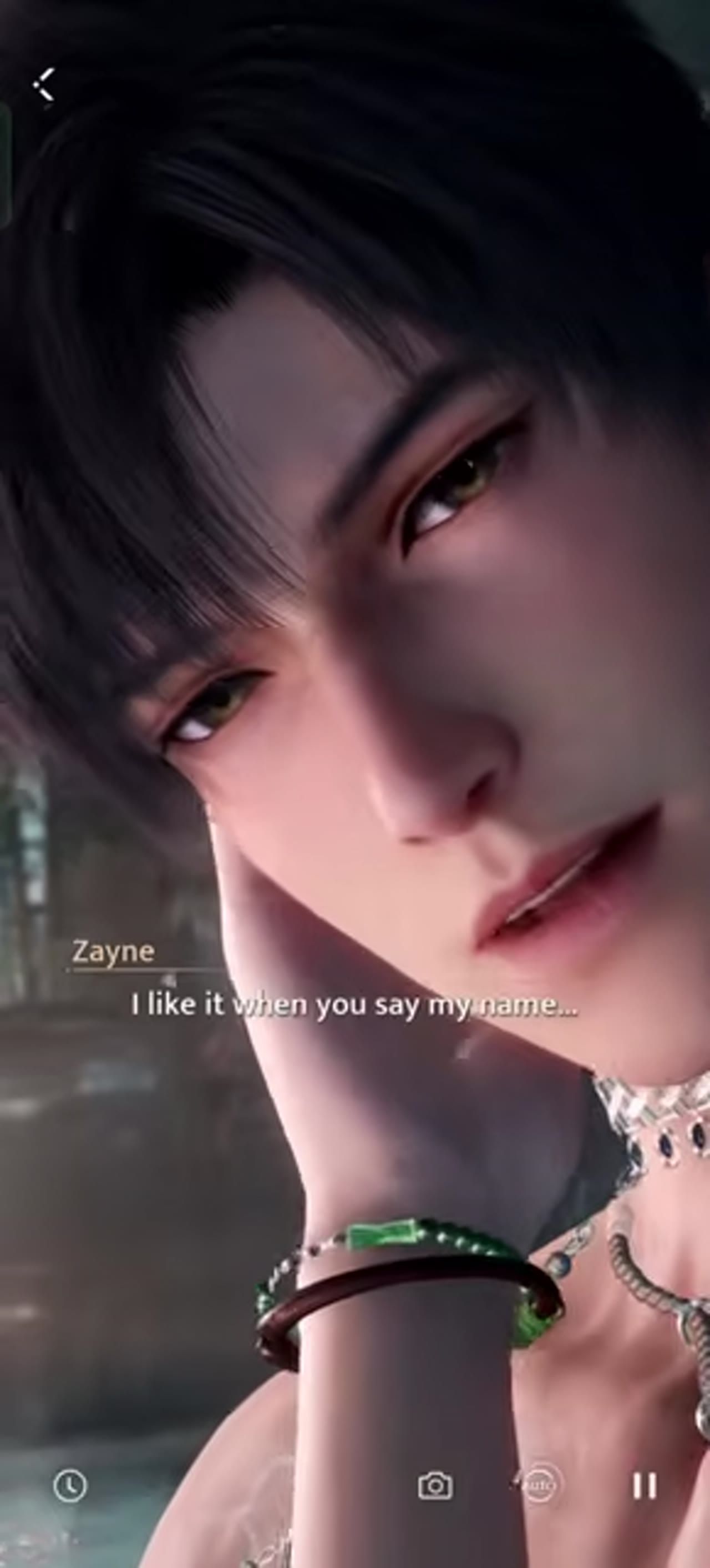 Zayne is shown close up in a hot spring scene with the subtitle, 'I like it when you say my name...'
