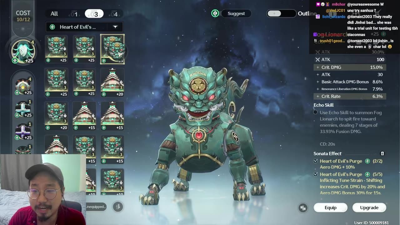 A game build screen shows a selected Echo set with a large green creature model in the center, item stats and Sonata Effect details on the right, and Equip and Upgrade buttons at the bottom.