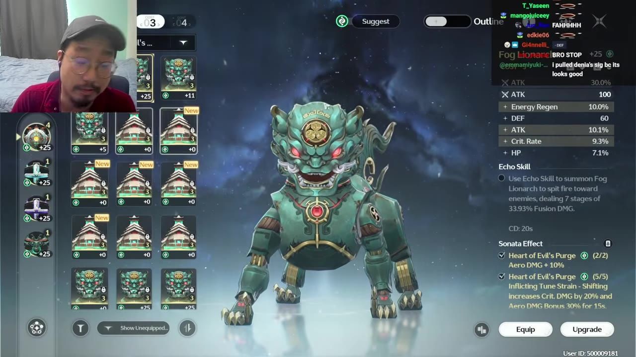 A game build screen shows a character in the center, equipment pieces on the left, and a stat panel on the right with Crit Rate listed.