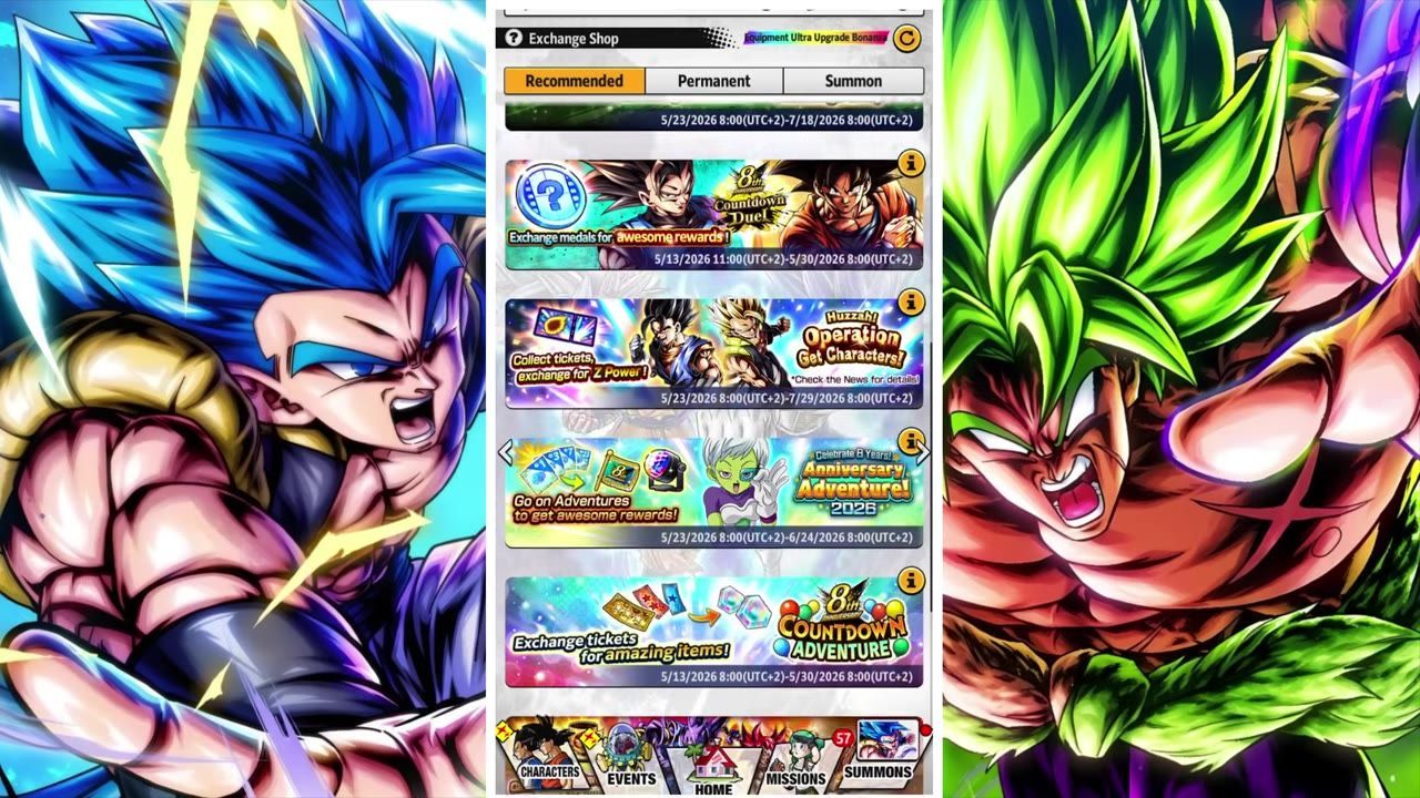 An Exchange Shop menu is open with recommended tabs and several anniversary event banners listing rewards and exchange options.