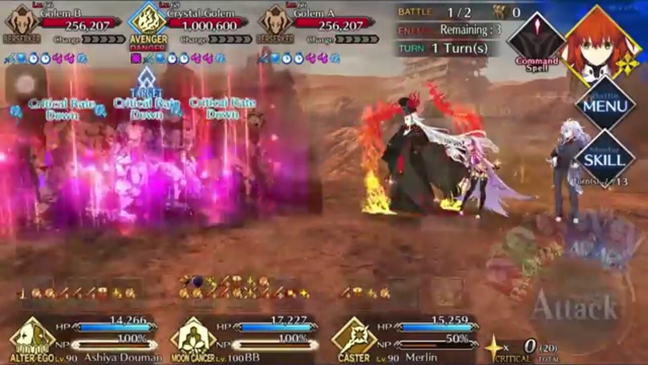 A battle interface shows three enemies across the top, with the far-left enemy highlighted by a target marker while attack effects fill the left side of the field.