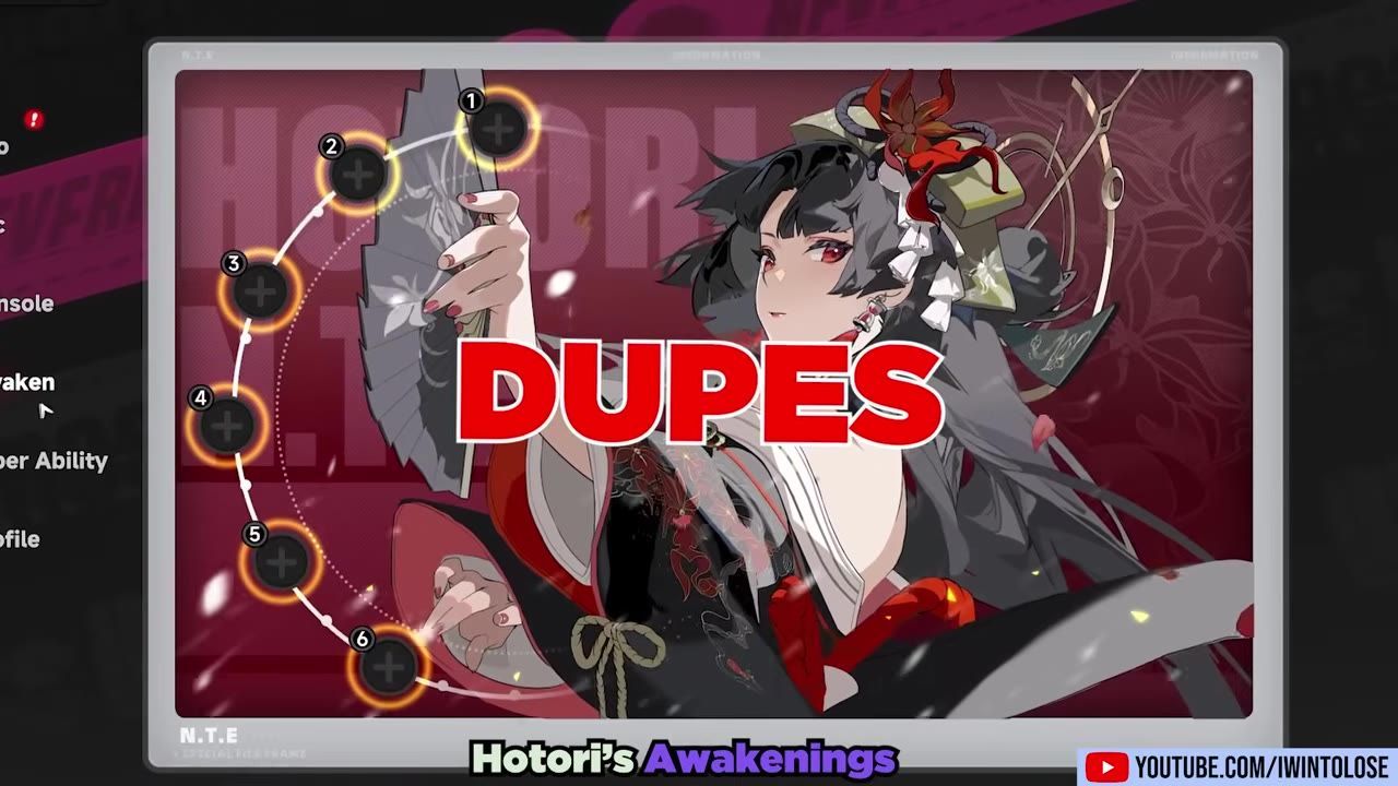 An awakenings screen shows Hotori artwork with numbered awakening nodes and the word DUPES across the center.