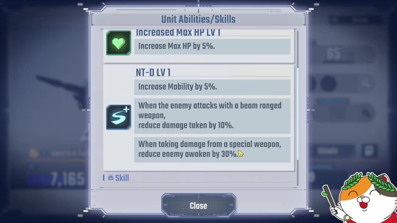 A game skill popup titled Unit Abilities/Skills shows NT-D LV1 abilities and a line that reduces enemy awaken by 30% when taking damage from a special weapon.