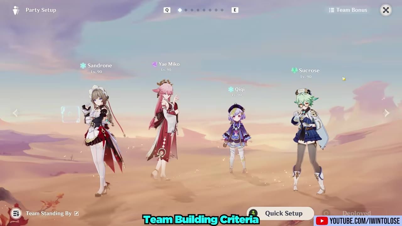 Party setup screen showing a team with Sandrone and recommended supportive characters.
