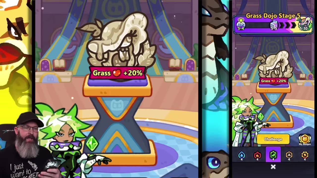 A game screen shows Grass Dojo Stage 5 with a central pedestal labeled Grass +20%, a Challenge button, stage icons, and a character standing at the bottom.