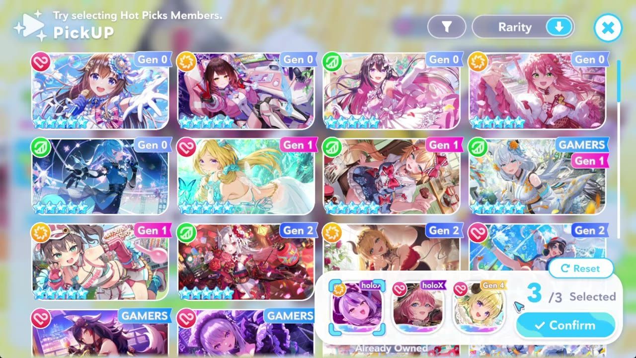 A roster screen displays multiple anime-style character cards with type icons and generation labels, plus a selection panel showing 3 of 3 selected and a Confirm button.
