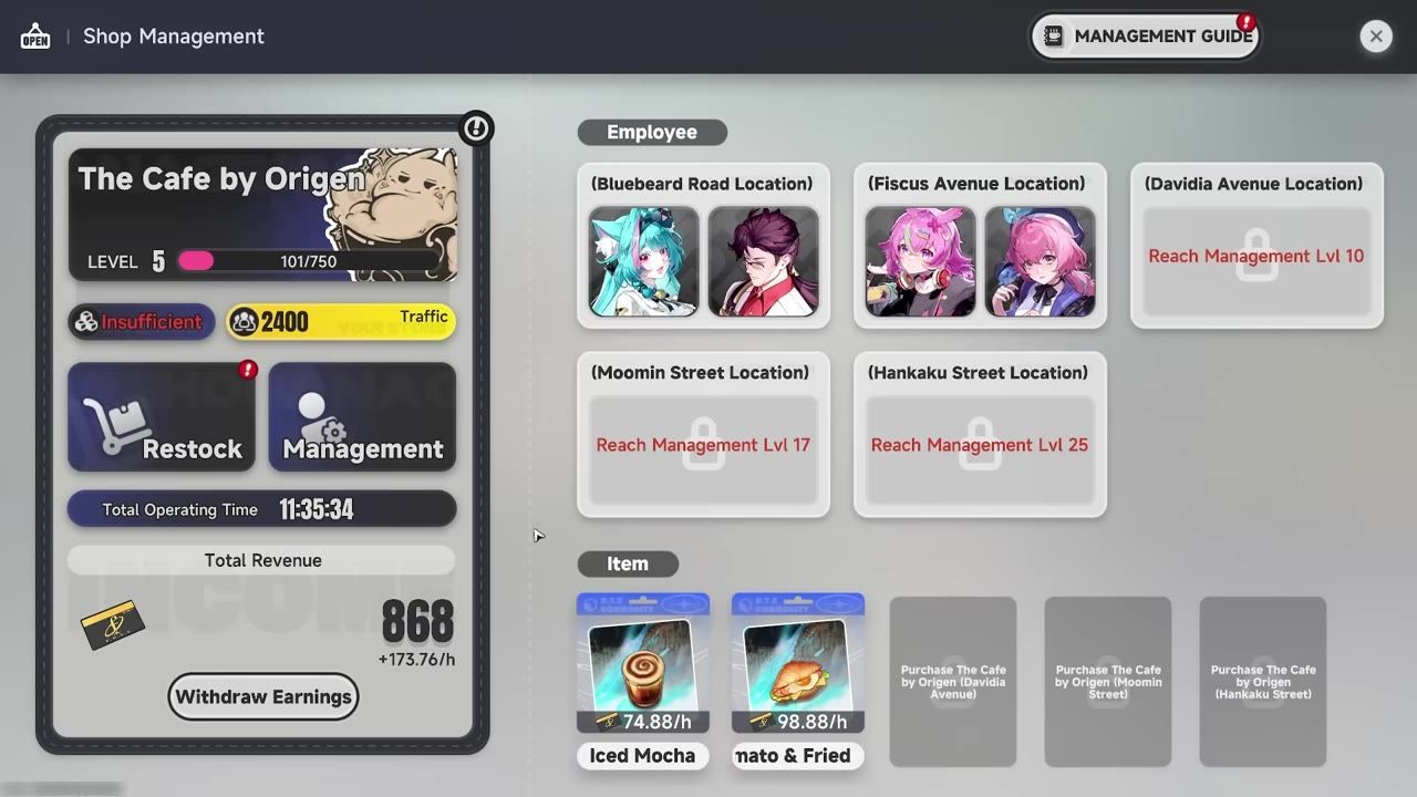 A shop management screen for The Cafe by Origen shows employee locations, item cards, and a Restock button on the left panel.