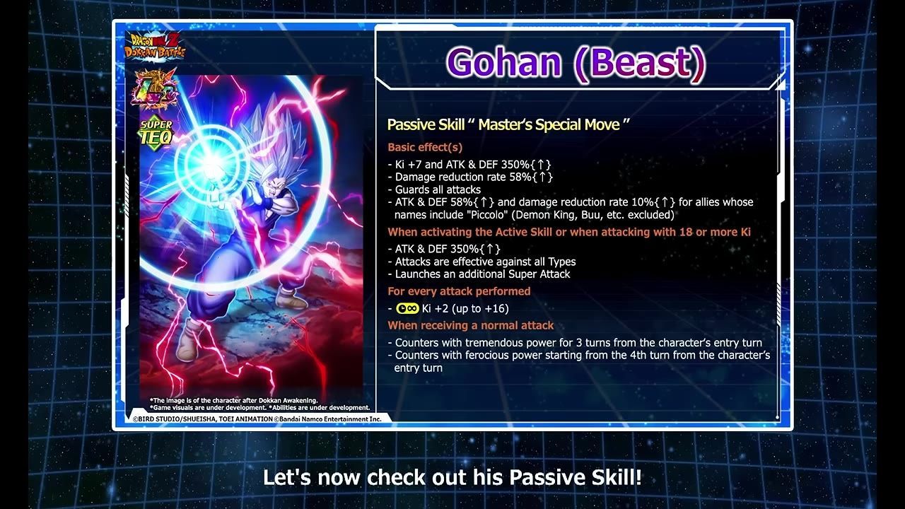 A screen showing Beast Gohan's image and passive skill effects, including synergy with characters like Piccolo.