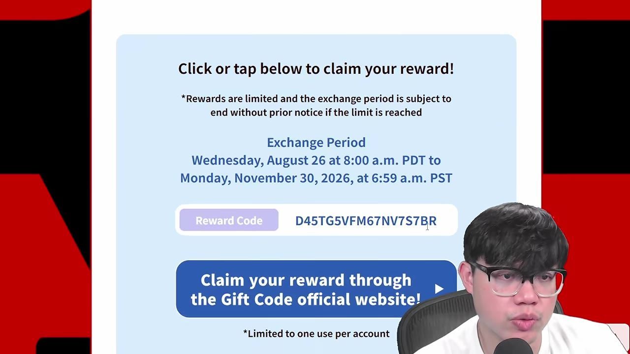 A reward claim page shows exchange period text, a reward code field, and a large button to claim the reward through the official website.