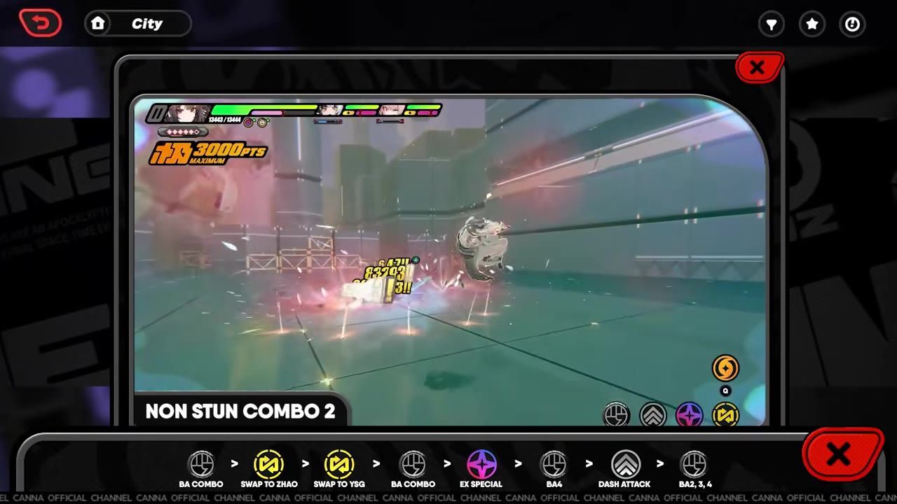 A combat scene showing attack effects and a non-stun combo instruction.