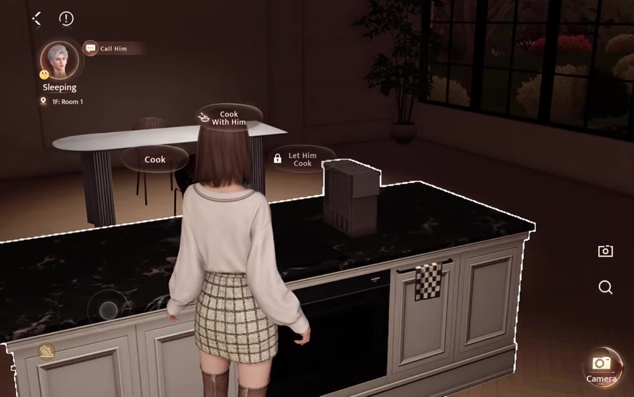 A character stands at a kitchen island with three interaction options floating above it: Cook, Cook With Him, and Let Him Cook.