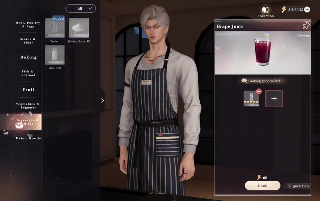 A cooking game menu shows ingredient categories on the left, a Grape Juice recipe card on the right, and a chef character standing in the center.