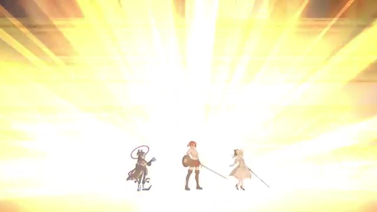 Three characters stand in front of a blinding golden explosion with radiating light filling the screen.