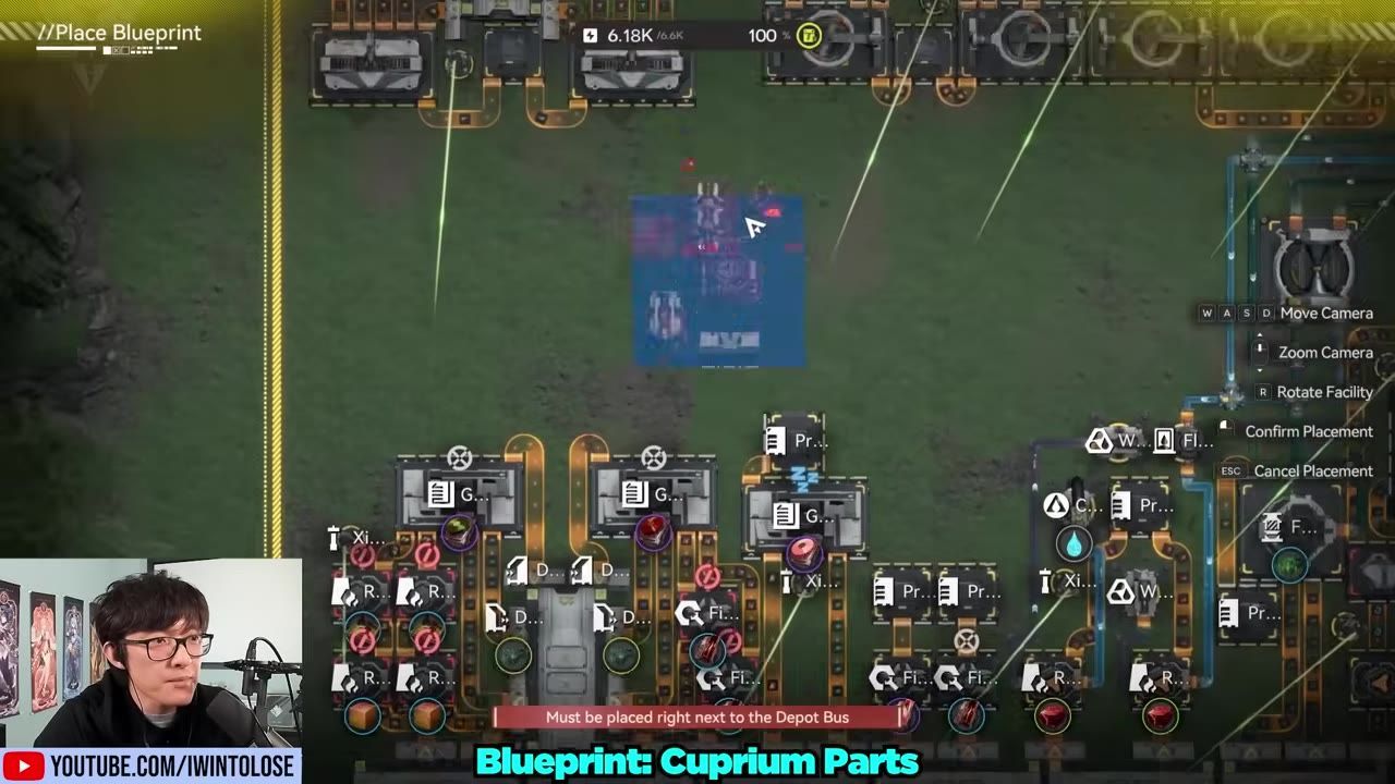 Game interface showing blueprint placement for Cuprium parts production at a depot bus.