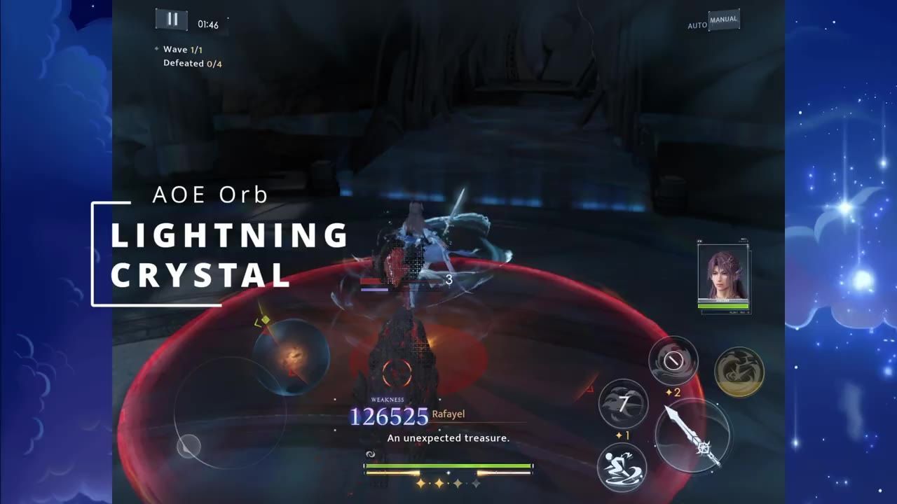 A battle scene shows a character fighting in a dark corridor with a large Lightning Crystal label overlaid on the left side.