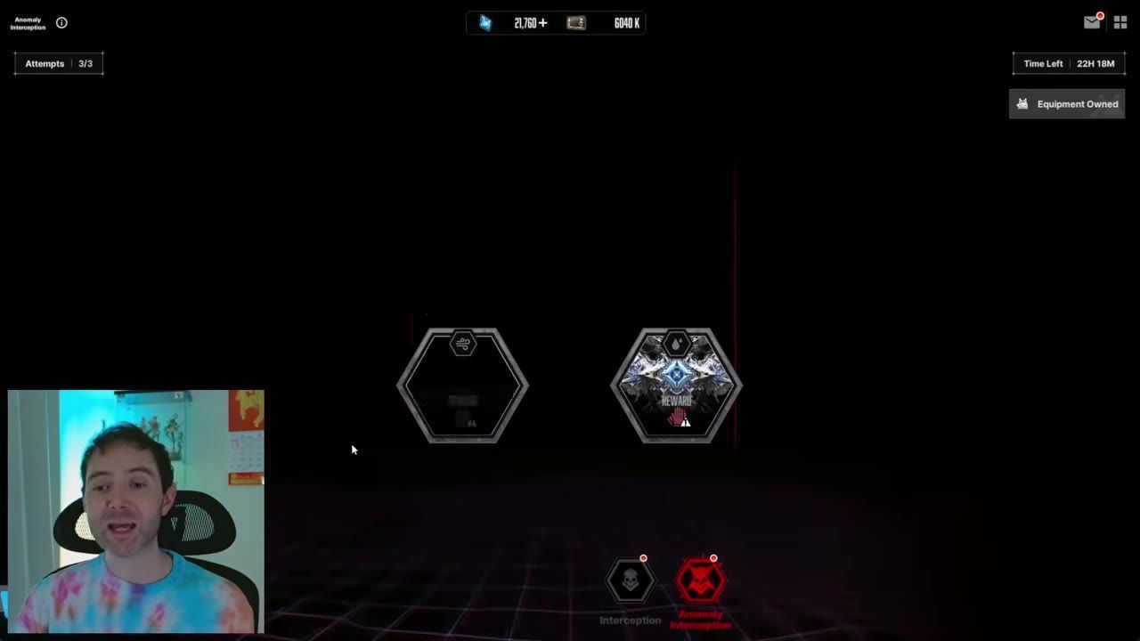 Game menu showing two hexagonal options for Interception and Anomaly Interception, with Anomaly Interception highlighted in red near the bottom.
