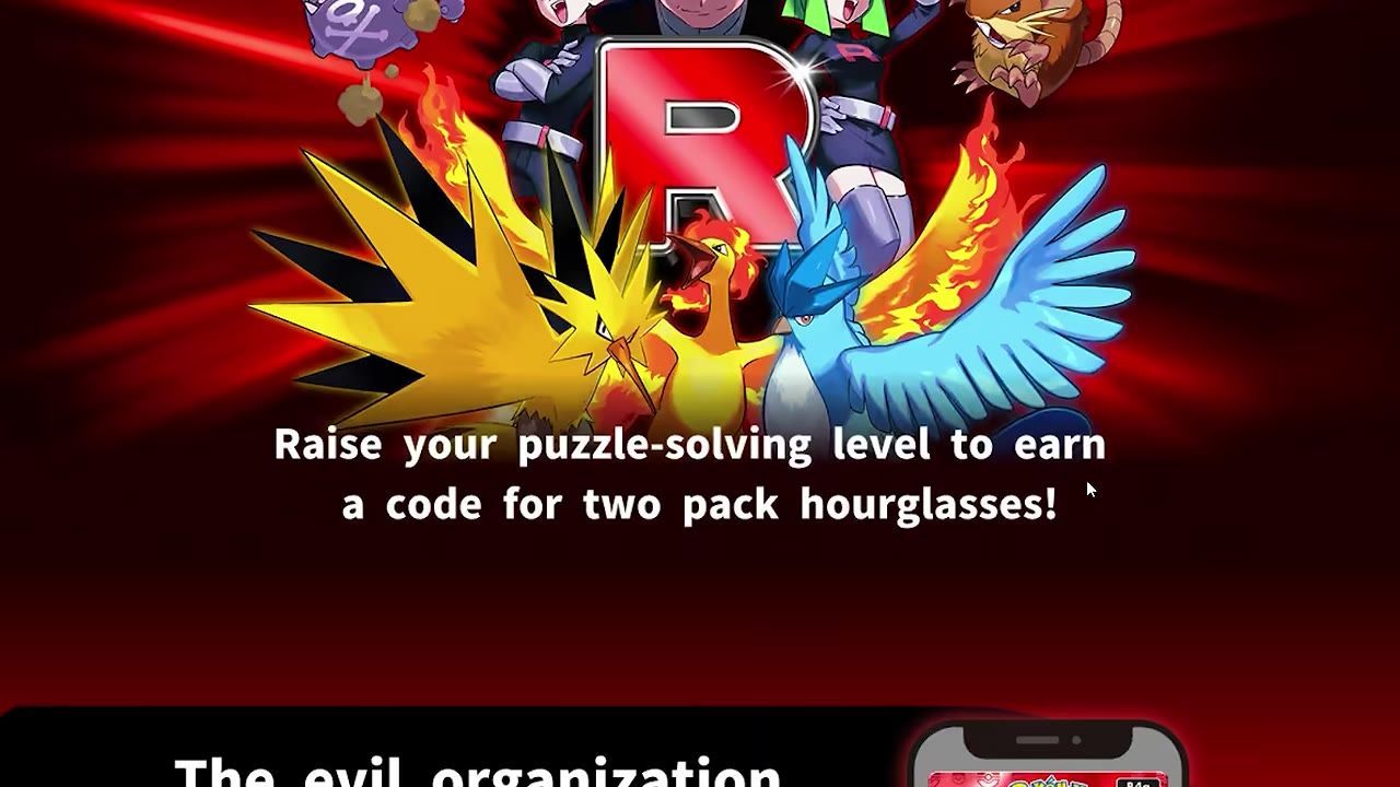 A game event screen with bold text saying to raise your puzzle-solving level to earn a code for two pack hourglasses, with character artwork above and a partially visible lower panel.