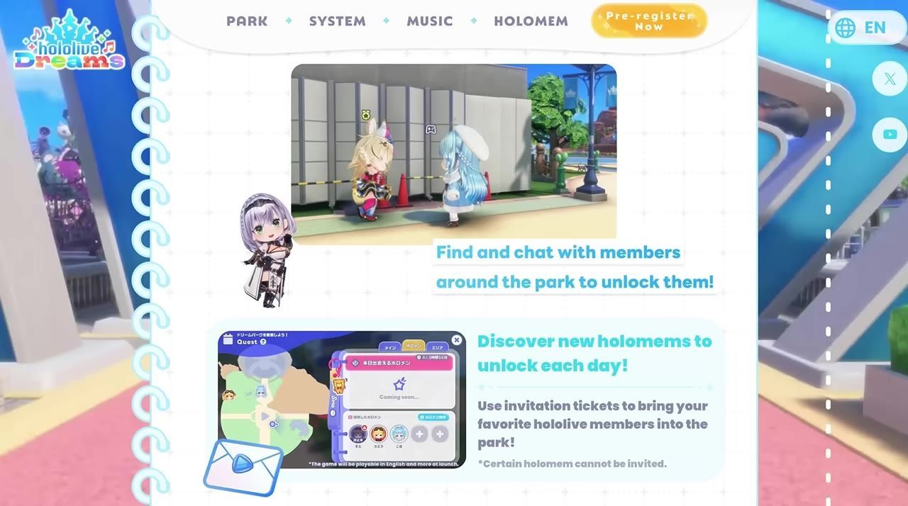 A Dream Park information page shows park scenes and anime characters, with tabs across the top and promotional text about finding and chatting with members around the park.