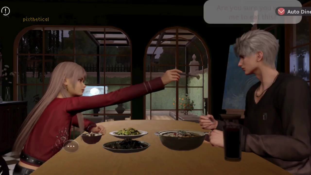 Two characters sit across a table with several bowls and plates of food while a dining prompt appears near the top right.