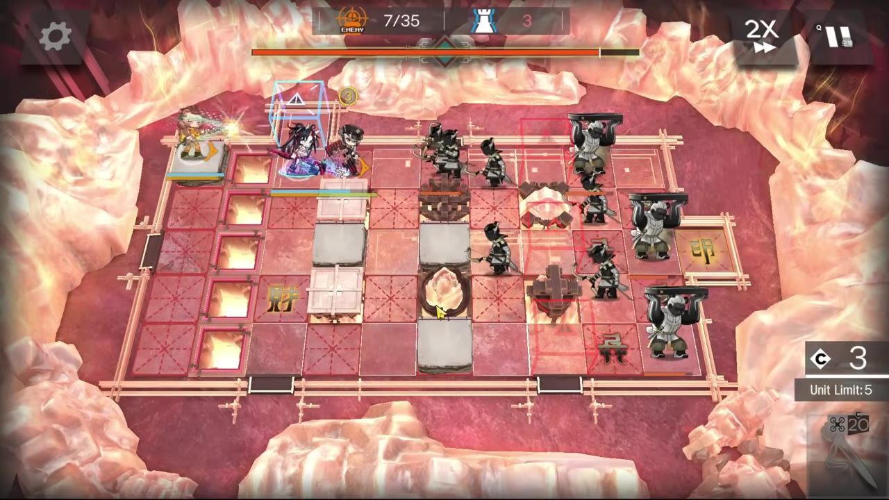 Game screen showing characters positioned on a tiled map, with enemy waves progressing.
