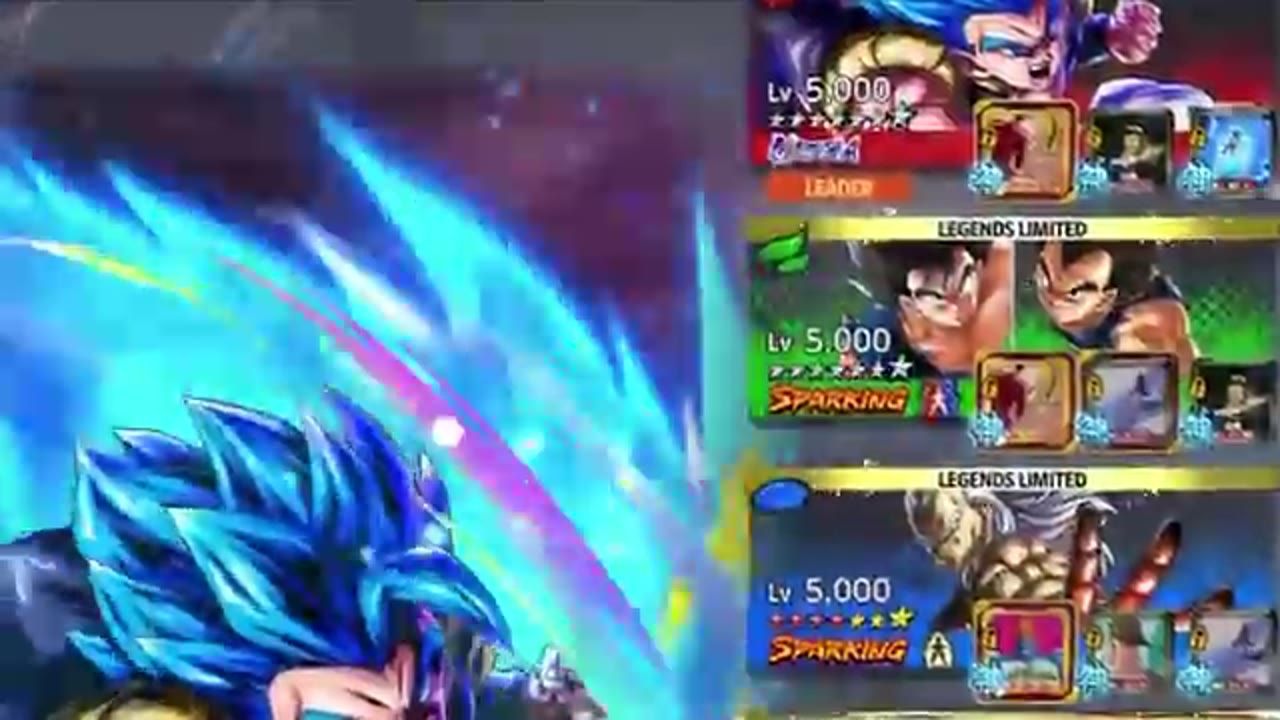 A Dragon Ball Legends team/loadout screen shows Ultra Gogeta Blue art on the left and several character cards with equipped items on the right.