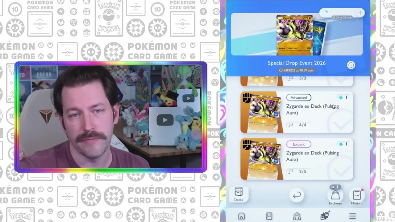 A Pokémon card game event menu is open with a Special Drop Event 2026 banner and pack entries labeled Advanced and Expert.