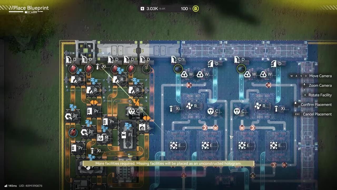 Engineering interface showing a blueprint with missing facilities highlighted and an error message displayed.