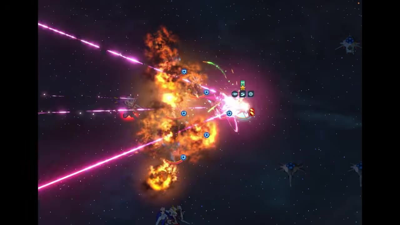 A space battle shows a ship exploding amid pink laser fire and multiple combat icons.