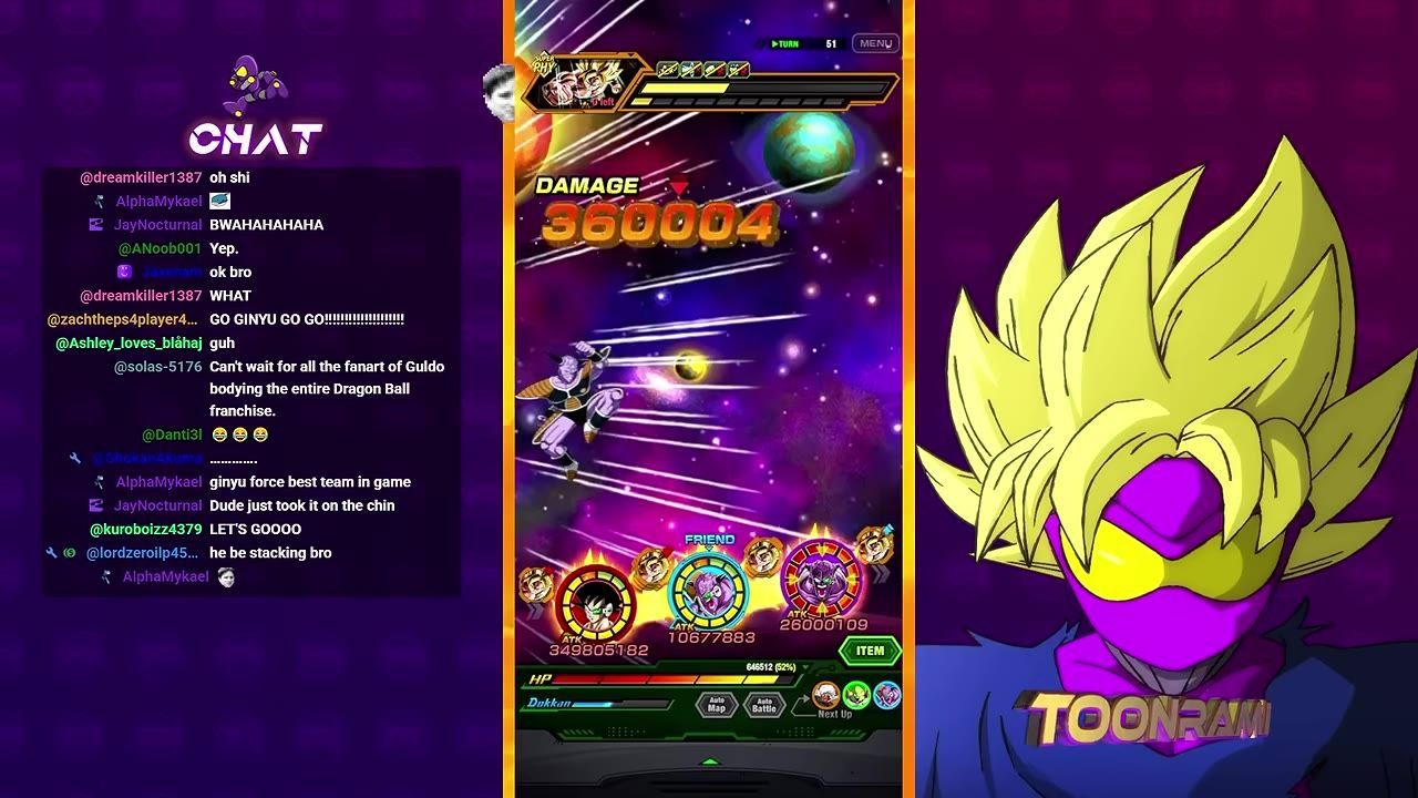 A mobile battle game interface shows a turn counter at the top, a large damage number in the middle, and character stats and HP bars along the bottom.