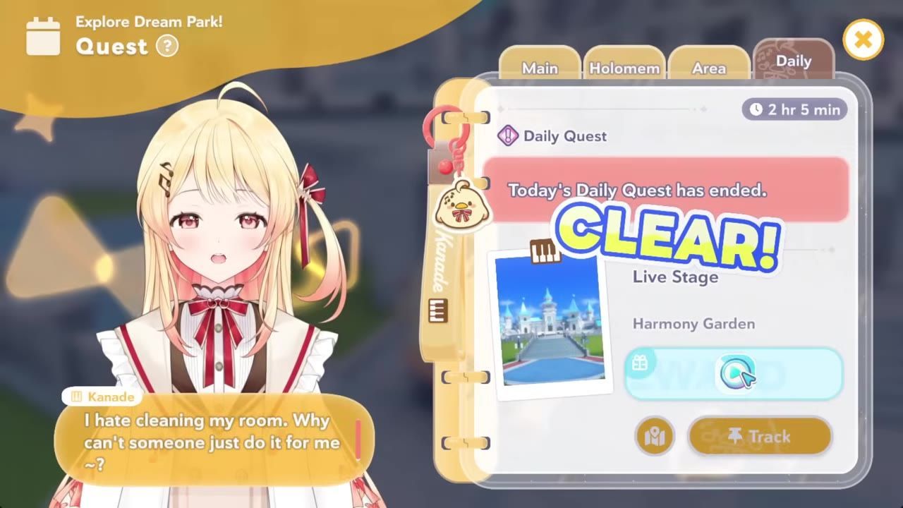 A game quest journal is open with the Daily tab selected and a daily quest marked clear.